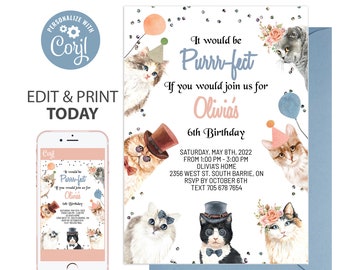 Cat Invitation Digital Download Cat Birthday Corjl kitten invitation Kitten Birthday kitten party birthday invitation kitty invitation