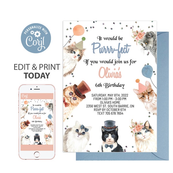 Cat Invitation Digital Download Cat Birthday Corjl kitten invitation Kitten Birthday kitten party birthday invitation kitty invitation