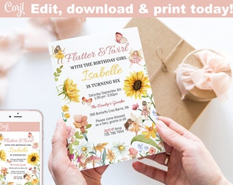Fairy Birthday fairy Invitation instant download edit yourself on Corjl then print or text