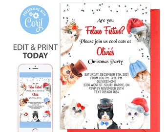 Cat Invitation Cat Christmas Party Digital Download Corjl kitten invitation Kitten Birthday cat birthday invitation kitty invitation