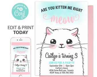 Kitten Invitation Digital Download cat birthday Corjl cat invitation Kitten Birthday kitten party birthday invitation invite