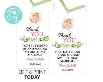 Fairy Birthday fairy Thank You Tags instant download fairy Invitation fairy shower edit yourself on Corjl then print or text Fairy Label