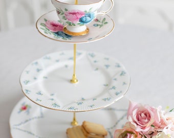Floral Teacup Cupcake and Treat Stand vintage and antique china plates and tea cups dessert table decor shower wedding birthday roses