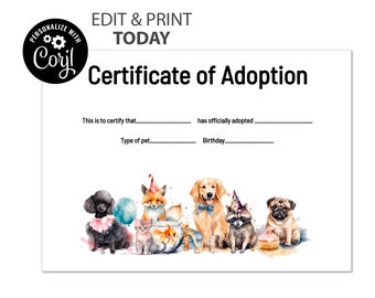 Adopt a Pet Birthday Party Certificate of Adoption Digital Download Corjl animal Birthday adopt a pet party birthday activity pet adoption