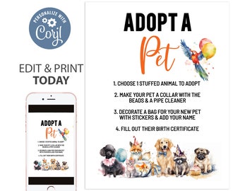 Adopt a Pet Birthday Activity & Directions Sign Digital Download Birthday Corjl animal Birthday adopt a pet party birthday game favor sign