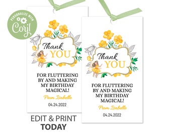 Fairy Birthday fairy Thank You Tags instant download fairy Invitation fairy shower edit yourself on Corjl then print or text Fairy Label