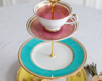Teacup Cupcake and Treat Stand vintage and antique china plates and tea cups dessert table decor shower wedding birthday blue pink yellow
