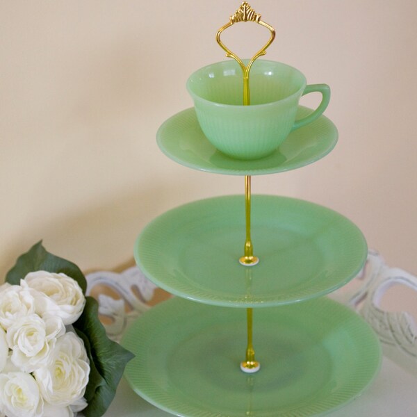 Jadite Cupcake and Treat Stand vintage and antique china plates and tea cups dessert table decor