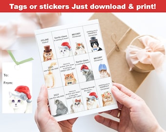 Cat Christmas gift tags or stickers Digital Download kitten tags Kitten christmas stickers cat Christmas stickers funny cat label