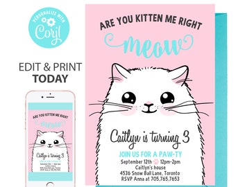 Kitten Invitation Digital Download cat birthday Corjl cat invitation Kitten Birthday kitten party birthday invitation invite