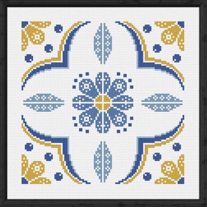 May include: A framed cross-stitch design with a symmetrical pattern. The design features a central blue flower with a yellow centre, surrounded by blue and yellow geometric shapes and accents on a white background. The frame is black.