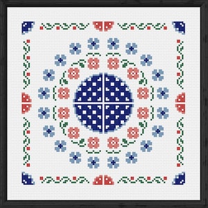 Puede incluir: Un diseño de punto de cruz enmarcado con un círculo central azul y blanco, rodeado de patrones florales azules y rojos. El diseño está sobre un fondo blanco con un marco negro, mostrando una estética artesanal tradicional.