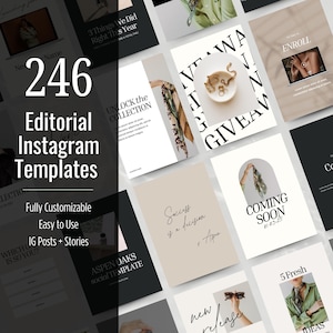 May include: A collection of 246 customizable Instagram templates for editorial content. The templates feature a variety of designs, including minimalist, modern, and trendy styles. The templates are easy to use and can be customized to fit any brand or style.