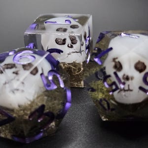 Puede incluir: Tres dados transparentes con números morados y un diseño de calavera en el interior. Los dados están rellenos de un material marrón parecido al musgo.