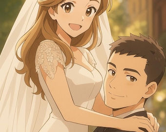 Cadeau d&#39;art de mariage anime pour couple Portrait d&#39;anime personnalisé à partir de photo Commission d&#39;anime mariée Art anime marié Illustration d&#39;anime personnalisée