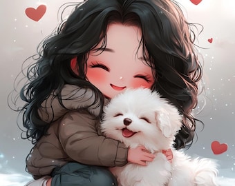 Retrato de anime chibi personalizado con mascota, encargo de arte kawaii personalizado con perro, dibujo chibi adorable a partir de una foto, descarga digital.