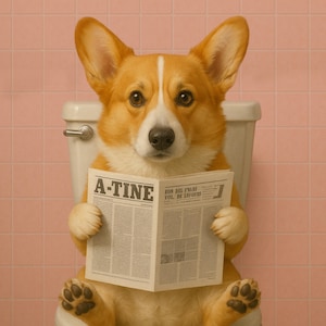 Ritratto personalizzato di un cane sul water, stampa di un cane sul water, poster di un cane nella vasca da bagno, disegno di un Corgi, arte divertente di animali domestici, regalo personalizzato per il proprietario di un cane