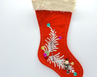 Vintage Christmas Stocking - Red Felt with Mercury Bead Spun Cotton Snowman - Glitter and Sequins Smaller Sized