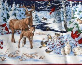 Vintage Christmas Craft Fabric - 2 Wildlife Snow Scenes - Deer Birds Fox - Cranston Cotton VIP