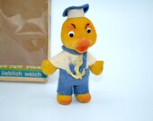 Vintage Limmer West Germany Flocked Animal Toy In Box - Yellow Sailor Duck Ornament Figurine