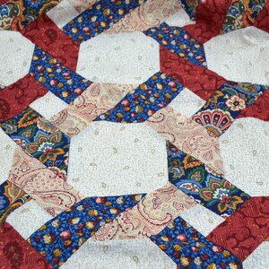 Vintage Springs Fabric - Calico Quilt Rings Print in Red and Blue - Cotton By the Yard