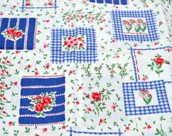 Vintage Fabric - Blue and White Squares with Red Flowers - Fabric Traditions Cotton 44" x 17"L