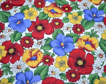 Vintage Fabric - Bold Flowers in Red Blue and Yellow - Cotton By the Half Yard