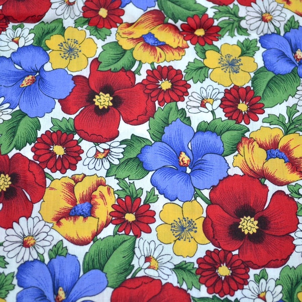 Vintage Fabric - Bold Flowers in Red Blue and Yellow - Cotton By the Half Yard