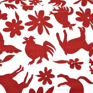 May include: Red fabric with a white background featuring a repeating pattern of stylized roosters, birds, flowers, and deer. The pattern is reminiscent of Mexican folk art.