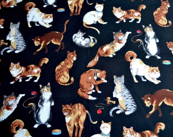 Vintage Hoffman Fabric - Playful Cats on Black - Cotton By the Half Yard - Whiskeers and Paws