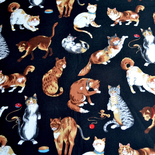 Vintage Hoffman Fabric - Playful Cats on Black - Cotton By the Half Yard - Whiskeers and Paws