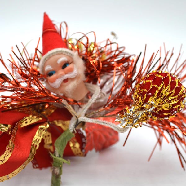 Vintage Christmas Corsage - Santa with Wired Red Ornaments and Tinsel