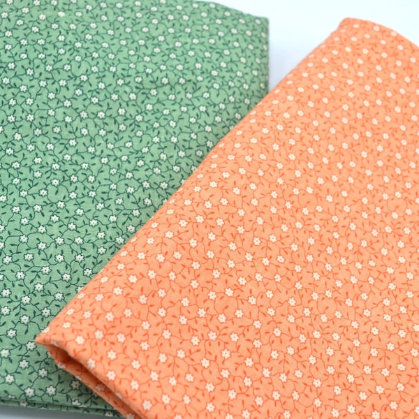 Vintage Fabric - Tiny Daisy Flowers in Coral Orange or Green - CHOOSE Color - Cotton By the Half Yard