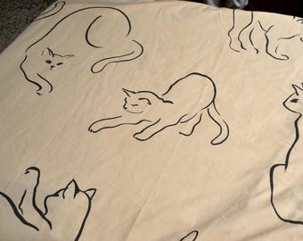Vintage Bed Sheets - Artistic Cat Whispurr, Alex West Springmaid, King Size Flat and Fitted, Tan and Black