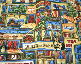 Vintage Hoffman Fabric - Quilting Sewing Store Window Cats - Cotton By the Half Yard - Needles and Pins