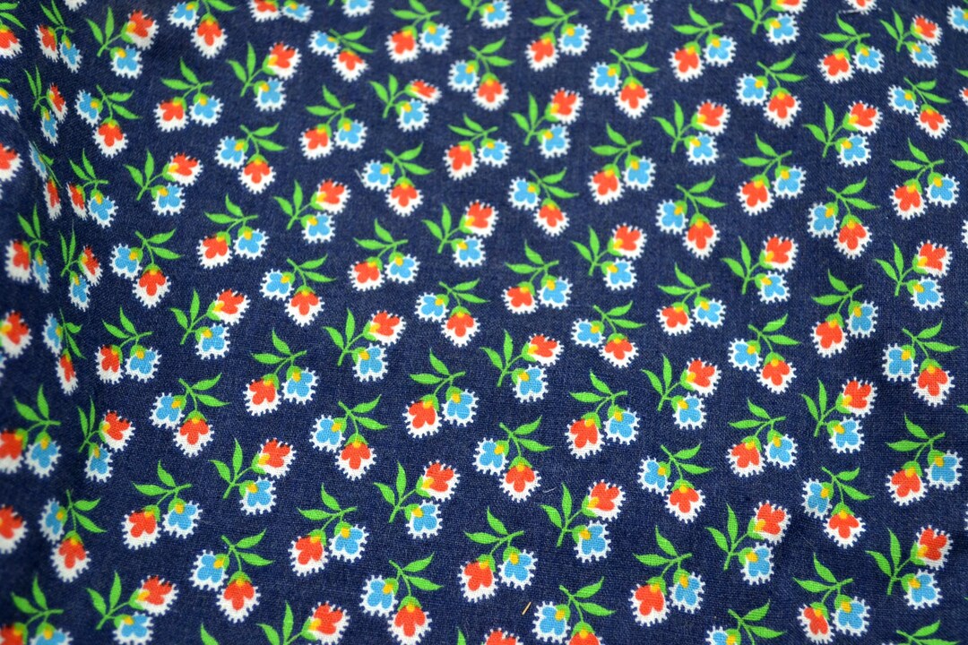 Vintage Concord Fabric - Red and Blue Stem Flowers on Navy Blue ...