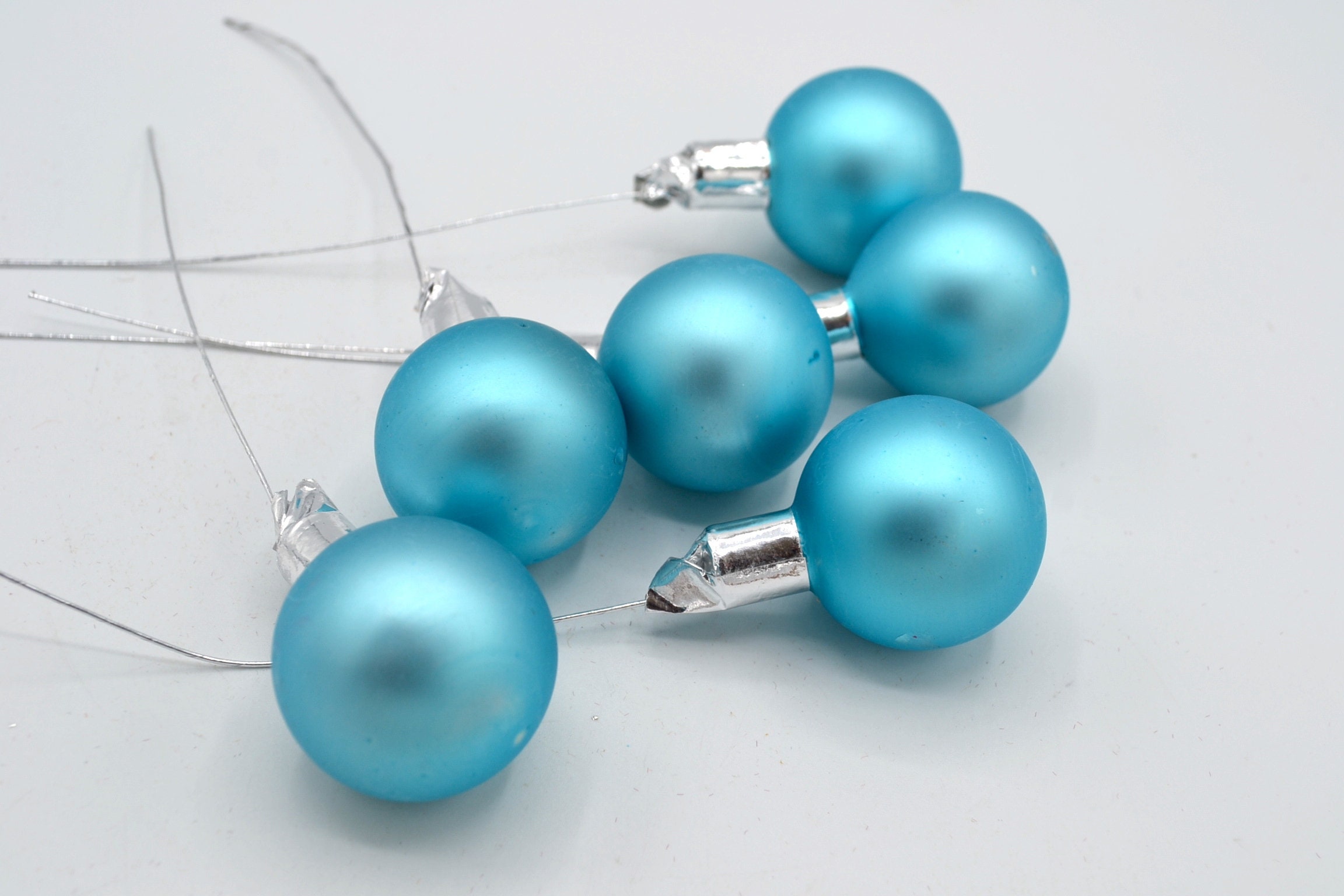 Turquoise Blue Wired Stems Christmas Glass Ball Picks CHOOSE Shiny or Matte Set of 6