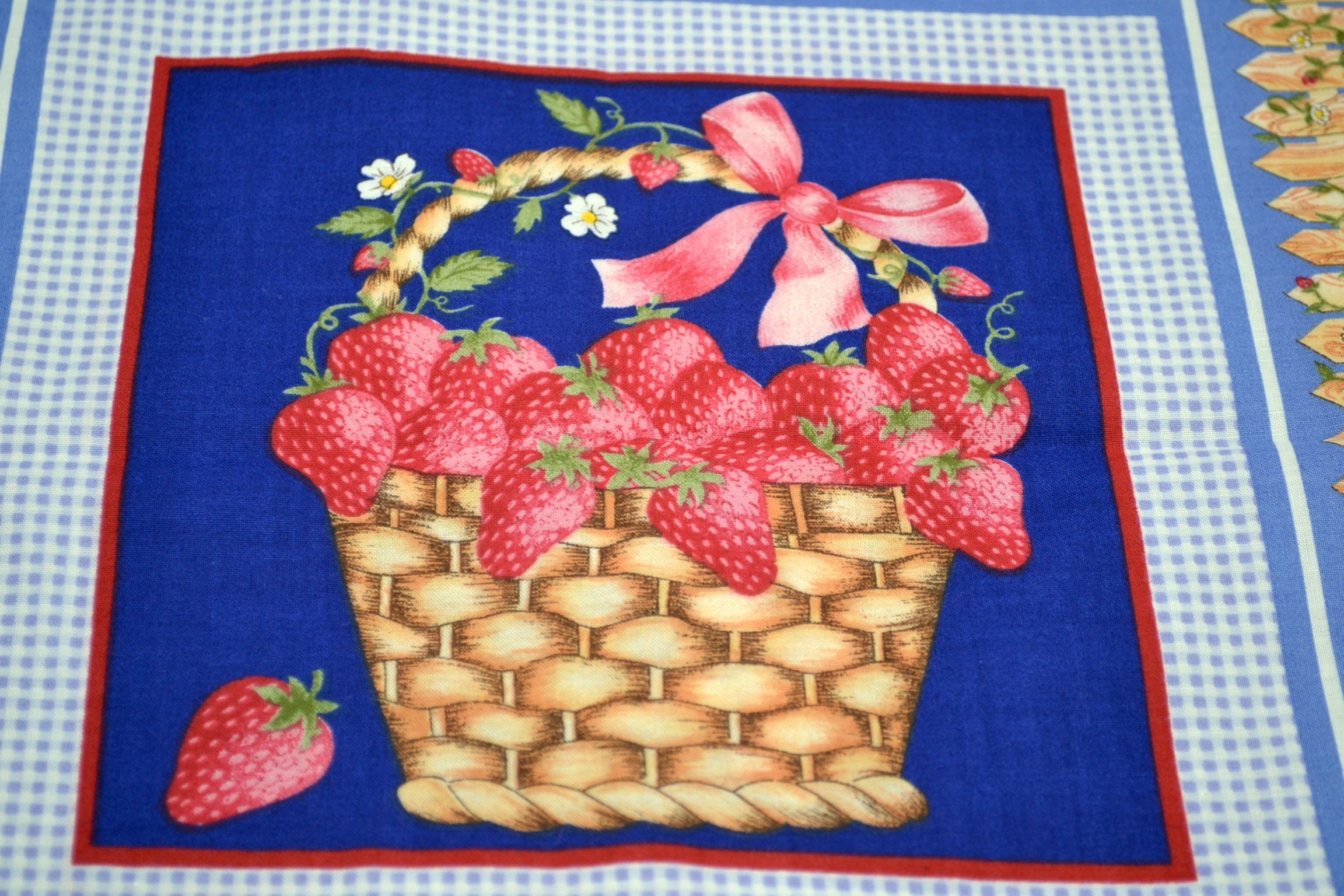 Vintage Fabric Panel - 2 Strawberry Basket Squares - Classic