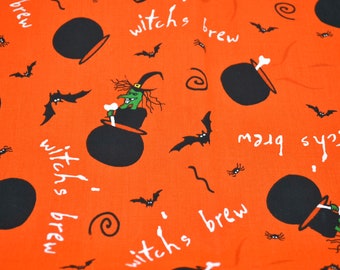 Halloween Fabric - Witch and Cauldron on Orange - Cotton 44" x 17"L Witch's Brew