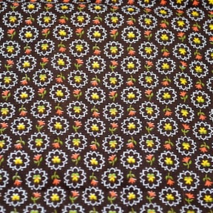 Vintage Fabric - Orange and Yellow Flower Medallions on Brown - Cotton By the Half Yard