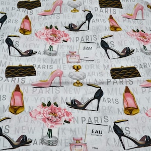 David Textiles Fabric - Paris New York Fashion Perfume and High Heels - Cotton Half Yard