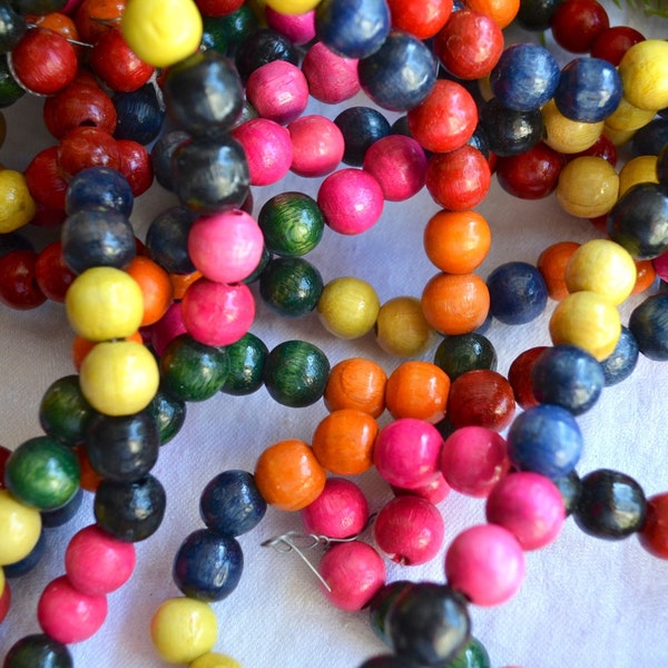 Vintage Wooden Beads Christmas Garland - Multicolored Round Painted Beads - 9 Feet