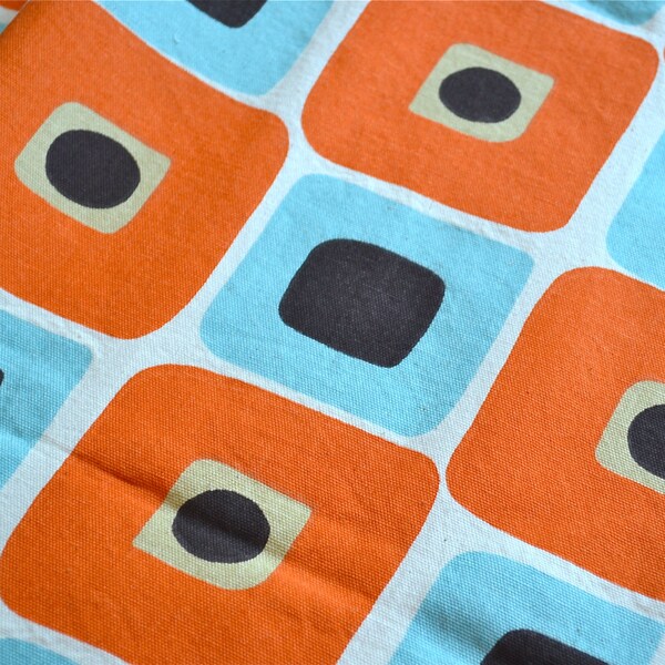 Geometric Fabric - Modern Rust Blue Squares - Cotton Canvas 26 x 58