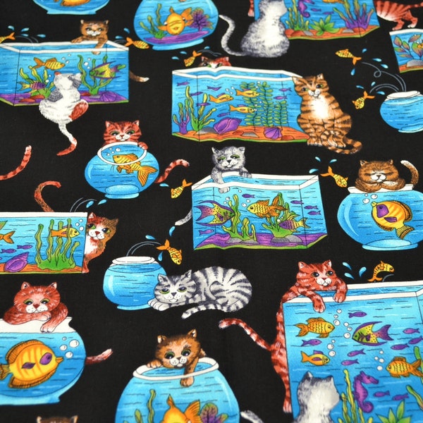 Vintage Timeless Treasures Fabric - Fish Bowl Aquarium Cats - Cotton By the Half Yard