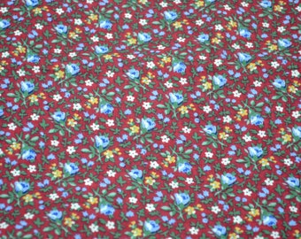 Vintage Fabric - Blue Roses and Yellow Daisies on Dark Red - Cotton 44" x 17"L
