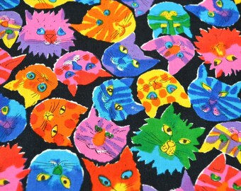 Vintage Hoffman Fabric - Colorful Pink Cat Faces - Rainbow Rascals - Cotton 42" x 20"L