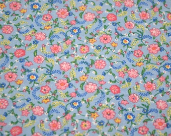 Vintage Fabric - Small Pink and Blue Flowers on Light Blue - Cotton By the Half Yard