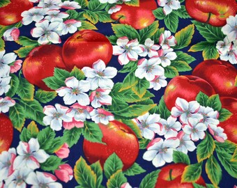 Vintage Cranston Fabric - Apples and Blossoms on Navy Blue - Cotton By the Half Yard