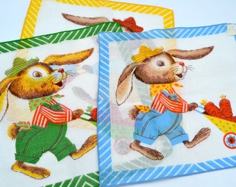 Vintage Children's Hankie - Bunny Rabbit with Wheelbarrow of Carrots - Woolworths - CHOOSE Color