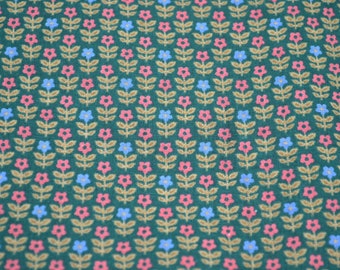 Vintage Fabric - Scandinavian Daisy Flowers on Dark Green - Cotton 44" x 17"L